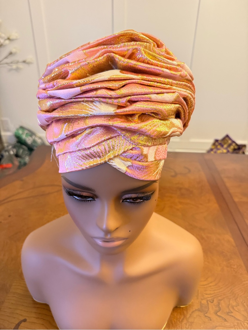 Rose Pink and Cream Textured Damask Headwrap Turban